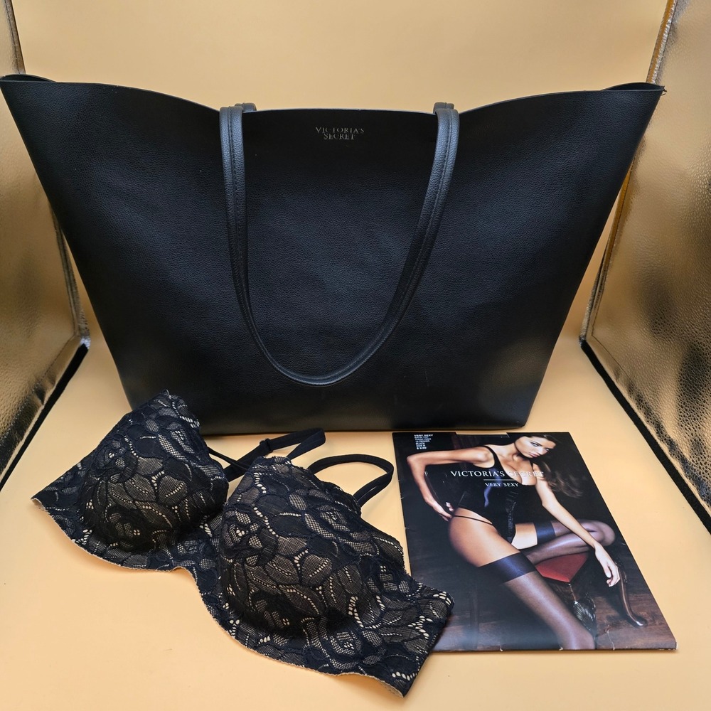 Victorias Secret Black Lace 36C Bra Large Tote Bag and Thigh High Hosiery Bundle